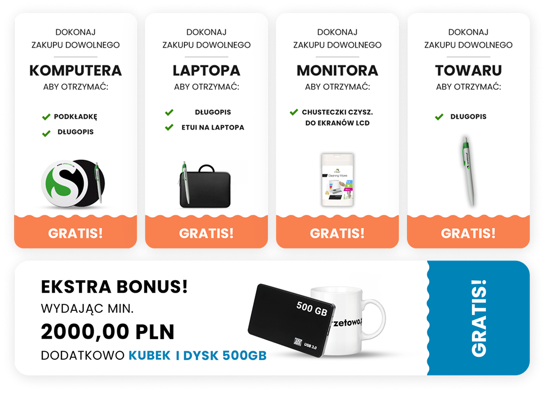 Zestawienie gratisów do komputerów, laptopów, monitorów i pozostałych towarów